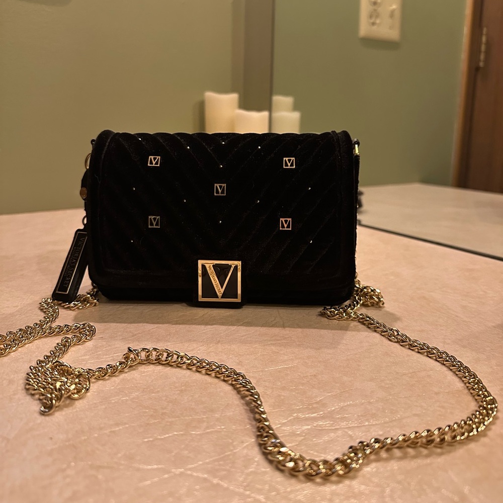 Victoria's Secret Black Velvet Quilted Mini Crossbody Bag with Gold Chain